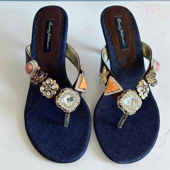 Beverly Feldman heels slides size 8.5 jeweled leopard kitten beachy VTG mobwife - Picture 3 of 15